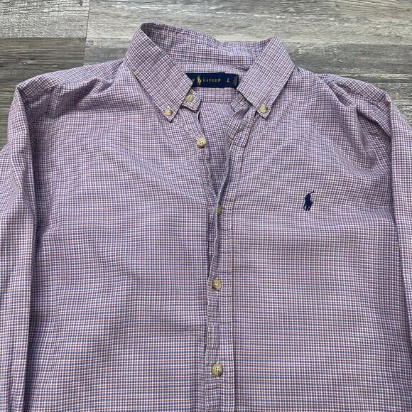 Polo Ralph Lauren Check Red Purple White Men L Long Sleeve Pony Button Up Shirt - Picture 2 of 8